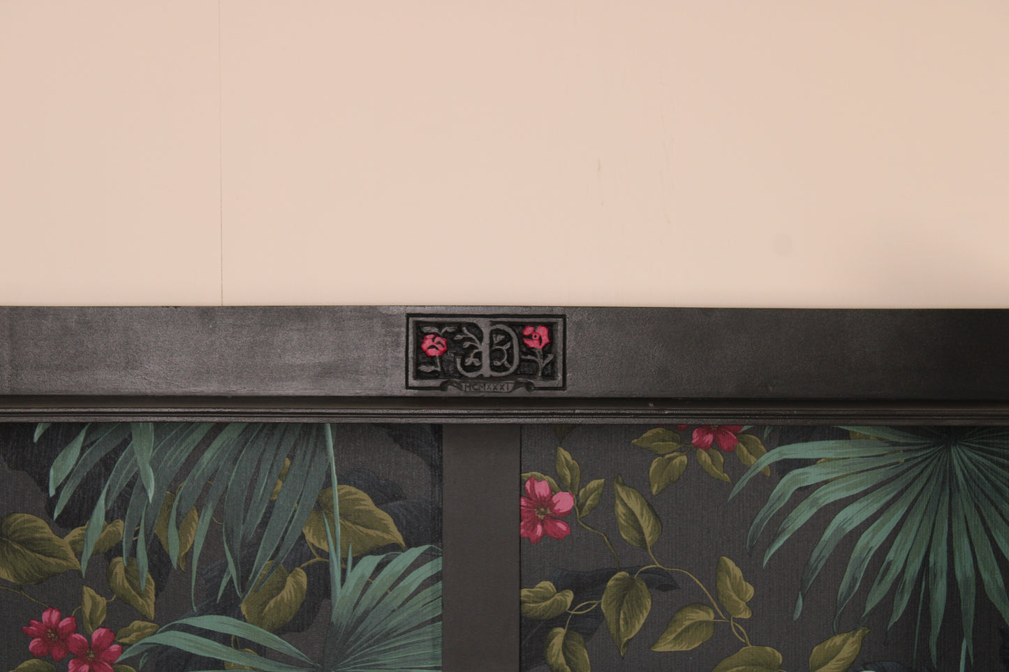 Mid-Century Modern Bookshelf with Tropical Wallpaper Back